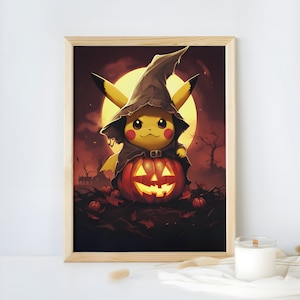 Puede incluir: Un Pikachu de dibujos animados vestido de bruja sosteniendo una calabaza tallada frente a una luna llena. El fondo es un bosque oscuro con una atmósfera espeluznante.