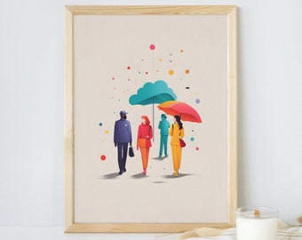 Kleurrijke minimalistische ontwerpillustratie van mensen, afdrukbare muurkunst, digitaal product, afdrukbare kunst, muurdecoratie