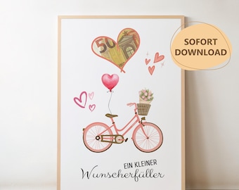 May include: A framed print featuring a pink bicycle with a basket of flowers, a heart-shaped balloon, and a heart-shaped design made of a 50 Euro bill. The text "EIN KLEINER WUNSCHERFÜLLER" is at the bottom, with "SOFORT DOWNLOAD" in a circle.
