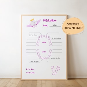 Calendrier des dents de lait à remplir | Certificat de dent de lait | Fichier numérique pour auto-impression | A4 | Couleur : rose