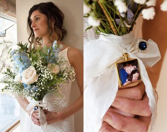 Wedding Bouquet Charm, Personalized Photo Charm, Something Blue for Bride, Bridal Bouquet Charm, Bride Gift, Bride Keepsake, Bouquet Pin