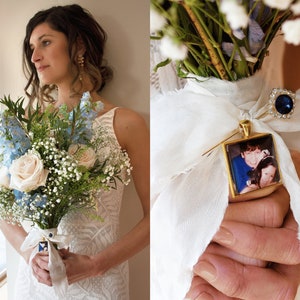 Bouquet Photo Charm, Personalised with Custom Photo, Something Blue for Bride, Bridal Bouquet Charm, Wedding Memorial, Bouquet Pin