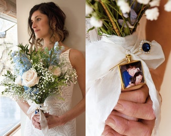 Bouquet Photo Charm, Personalised with Custom Photo, Something Blue for Bride, Bridal Bouquet Charm, Wedding Memorial, Bouquet Pin