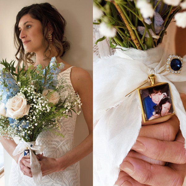 Bouquet Photo Charm, Personalised with Custom Photo, Something Blue for Bride, Bridal Bouquet Charm, Wedding Memorial, Bouquet Pin