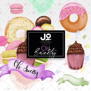 Watercolor hand drawn donuts, ice cream, macarons, cup cake, lollipops, ribbon