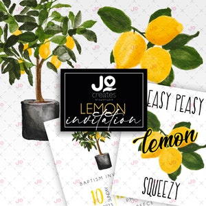Watercolor lemons and lemon tree, invitation and patterns