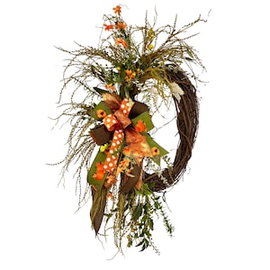 Handmade Fall Grapevine Wreath: Orange Flowers & Rustic Ribbons