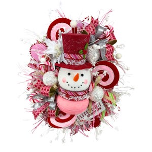 Peppermint Front Door, Snowman Decorations, Pink And Red Christmas, XL Snowman Wreath For Home, Winter Decorations, Door Wreath For Winter