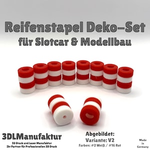 Könnte beinhalten: Ein Set aus rot-weißen dekorativen Reifenstapeln für Slotcars und Modellbau. Das Set enthält mehrere zylindrische Teile mit roten Ober- und Unterseiten sowie weiß-rot gestreiften Mittelstücken. Der Text "Reifenstapel Deko-Set" ist sichtbar.