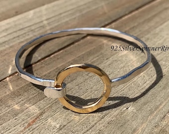 Hammered Brass & Sterling Silver Open Circle Bangle Bracelet