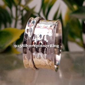 Hammered Spinner Sterling Silver With 925 Stamped Purity Anxiety Ring For Men Women, Handmade Spinner Ring Gifts For Her, Meditation Ring