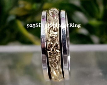 Floral Design Brass Spinning Ring 925 Sterling Silver Women's Band Anxiety Meditation Worry Ring For Casual Party Wedding Wear