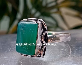Green Onyx Gemstone Ring 925 Sterling Silver Emerald Cut Band Fidget Dainty Silver Ring For Wedding Engagement And Party Wear