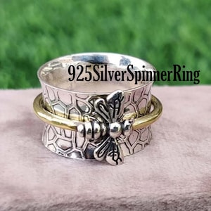 Honey Bee Anxiety Spinner Ring, 925 Sterling Silver Band Ring, Meditation Ring, Silver Spinner Ring, Boho Handmade Ring, Gift For Her Rings