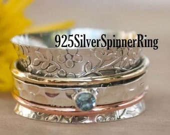 Blue Topaz Gemstone Spinner Ring 925 Sterling Silver Brass Tone Fidget Ring Meditation Yoga Anxiety Worry Band For Men And Women
