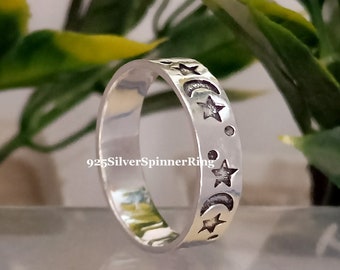 Handmade 925 Sterling Silver Moon & Star Band Ring