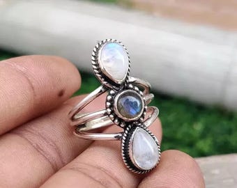 Moonstone & Labradorite Sterling Silver Ring: Handmade Boho Statement Jewelry
