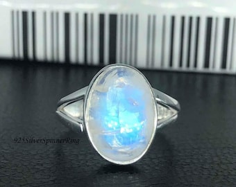 Anel artesanal em pedra da lua arco-íris: Prata de lei 925, estilo boho.