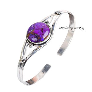 Purple Turquoise Gemstone Silver Bangle, 925 Sterling Silver Cuff Bracelet, Handmade Boho Jewelry Gift for Her, Adjustable Gemstone Bangle