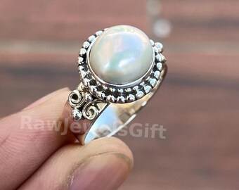 Handmade Pearl Ring: 925 Sterling Silver Bezel Gemstone Band
