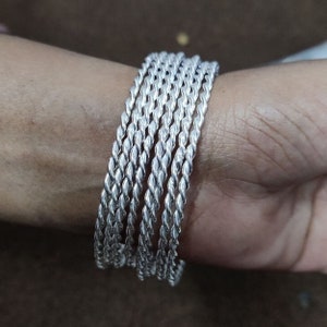 Handmade Sterling Silver Bangle Set: Stackable Twisted Bangles, Set of 7