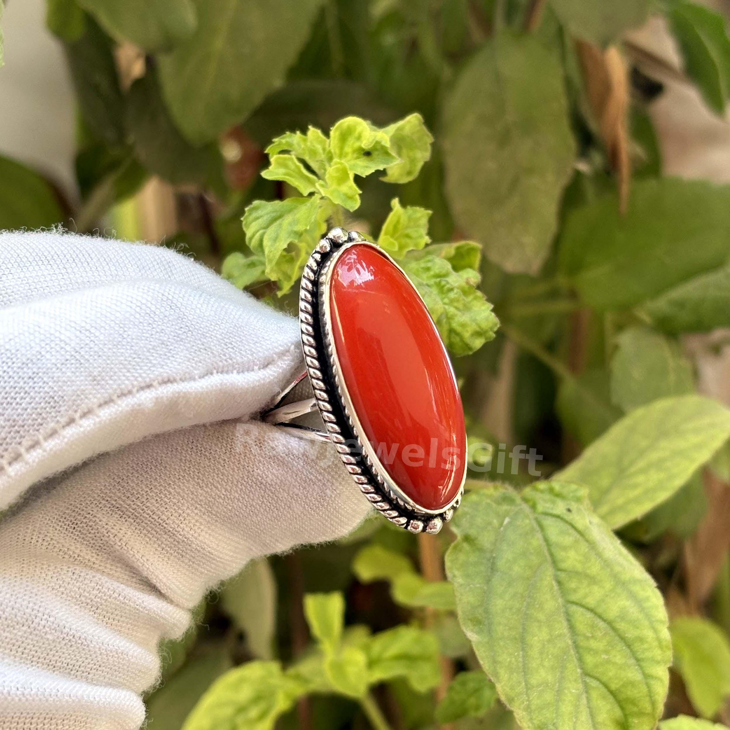 Red Coral Gemstone Ring: Handmade 925 Sterling Silver Boho Statement ...