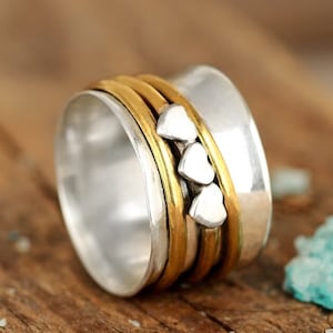 Tiny Hearts 925 Sterling Silver Spinner Fidget Ring, Sterling Silver Ring for Women, Gift Ring, Meditation Spinning Wide Band, Anxiety Ring