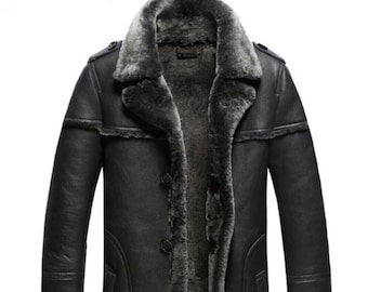Shearling Base Black Real Sheepskin Leather with Black Artificial Fur Jacket Mens Winter Style Long Trench Coat