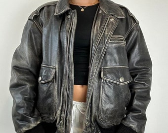 1980s Vintage Style A2 Bomber Military Women's Oversized Leather Jacket Distressed Wax Black Biker Streetwear Loose Motorcycle Winter Coat