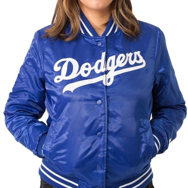 1980s Dodgers Los Angeles Bomber Jacket Womens, Pure Polyester Cosplay Blue Winter Street Wear Motorcycle Vintage Style Jacket