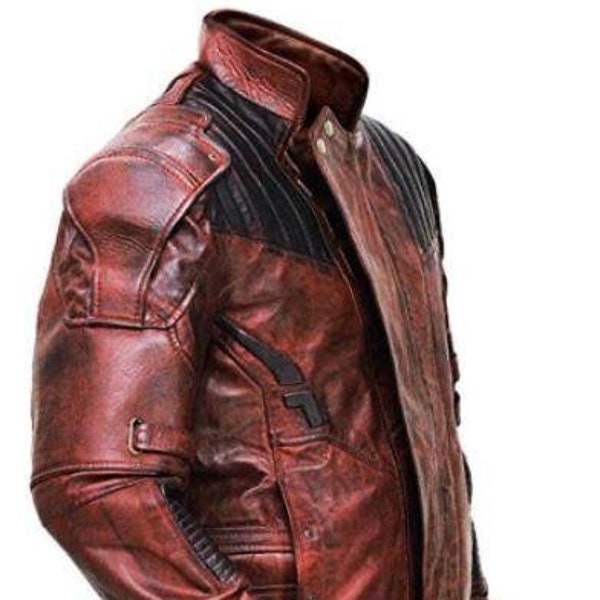 Star Lord Avengers Infinity War Wax Vintage Style Distressed Maroon Real Leather Jacket Halloween Costume Mens Cosplay Movies Biker Coat