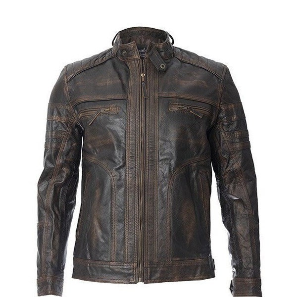 Vintage Brown Distressed Leather Jacket, Real Cowhide Leather Moto Biker Streetwear Coat