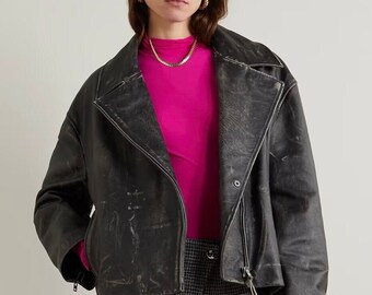 Distressed Black Oversized Vintage Style Biker Leather Jacket Womens, Sheepskin / Cowhide  Leather Motorcycle Streetwear Coat
