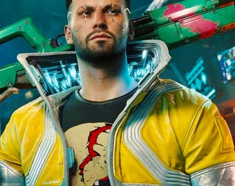 Samurai Cyberpunk 2077 Edgerunners David Martinez LED collar Jacket Mens Yellow Faux / Real Leather Handmade Patches & Printed Cosplay Coat