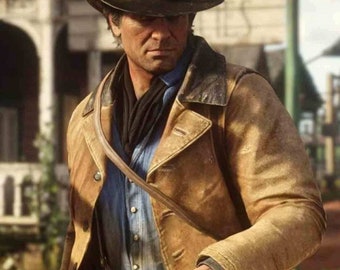 Red Dead Redemption 2 Arthur Morgan Costume Leather Jacket, Vintage Tan Wax Leather Jacket, Real Cowhide Leather Streetwear Gaming Coat