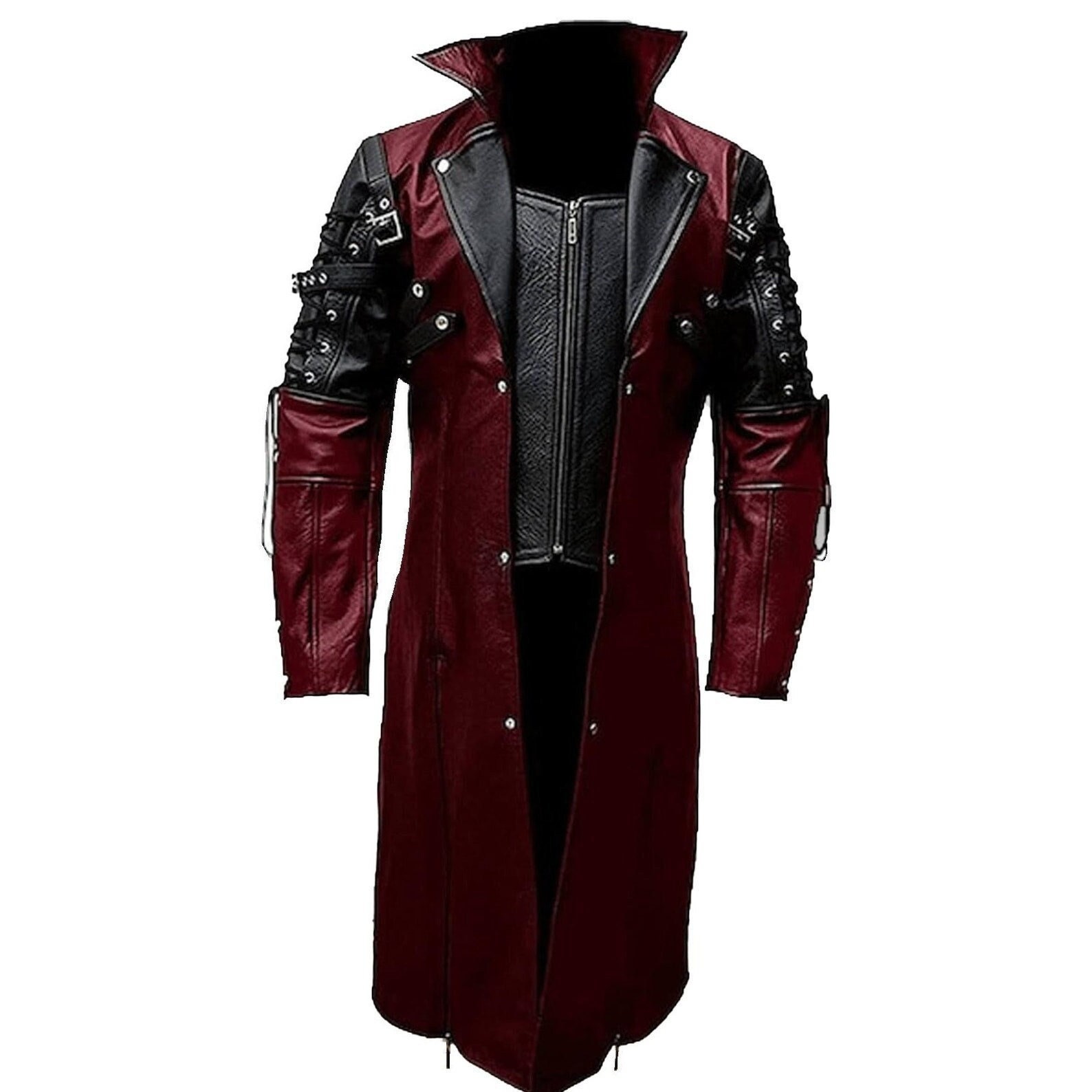 Gothic Style Spacially Halloween Costume Jacket Trench Coat Black & Dark Red Faux Leather Jacket