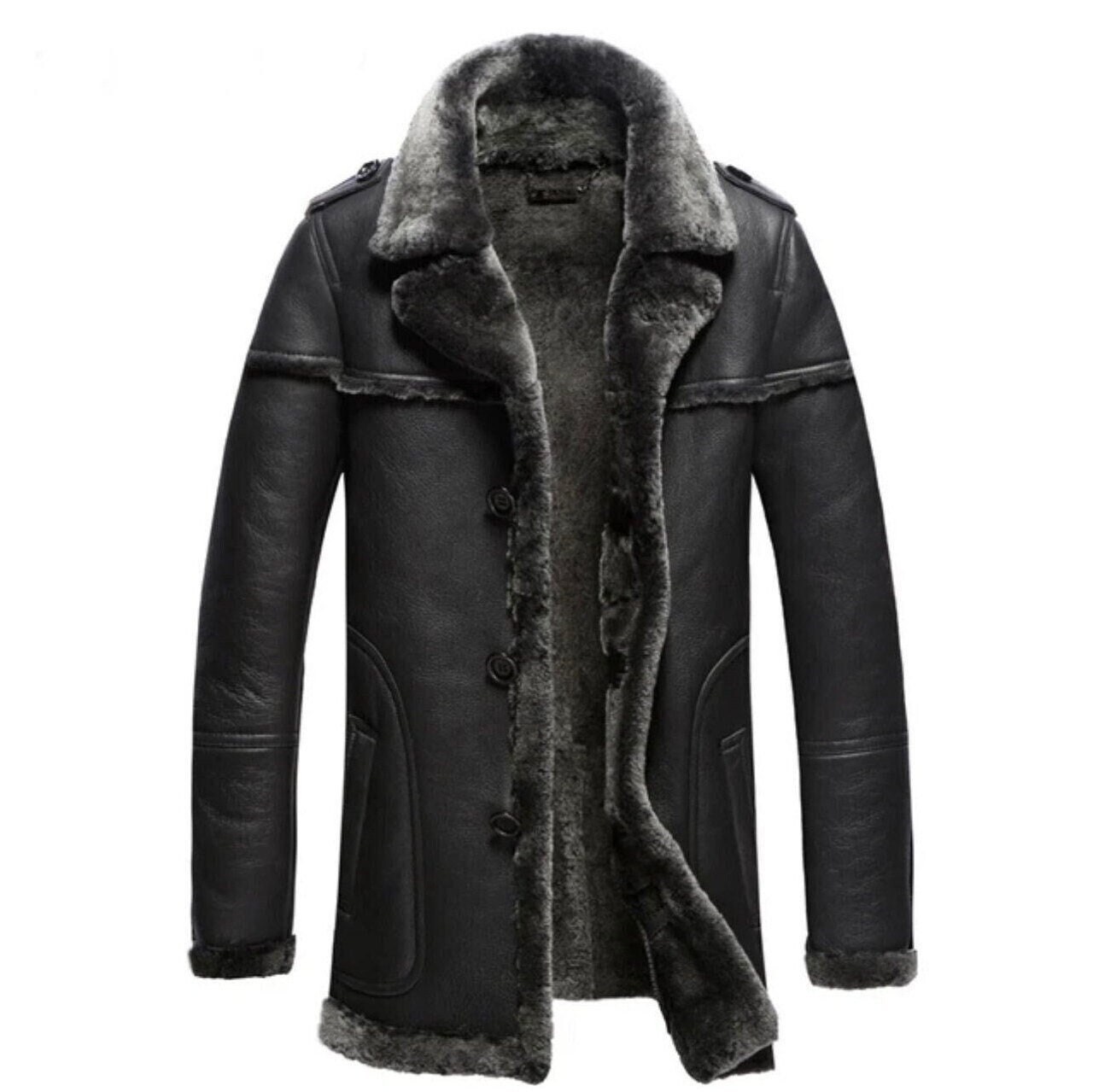 Shearling Base Black Real Sheepskin Leather With Black Artificial Fur ...