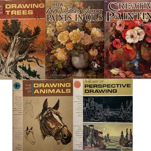 May include: A collection of vintage art instruction books. Titles include "The Art of Drawing Trees," "How Neil Walker Warner Paints in Oils," "Creative Painting," "The Art of Drawing Animals," and "The Art of Perspective Drawing." The books feature illustrations and text.