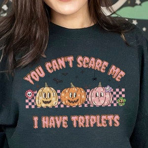Triplet Mom Halloween Sweatshirt, Triplets Halloween Pregnancy Shirt, Retro Halloween Sweatshirt, Triplet announcement, Expecting Mom Gift