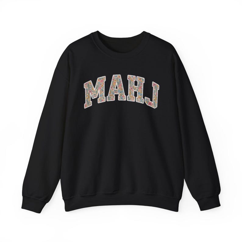 Mahjong Sweatshirt Floral Mahj Sweater Mahjong Lover Gift Game Night Crewneck Mah Jongg Player Shirt Mahjong Club Tournament Merch Apparel Black