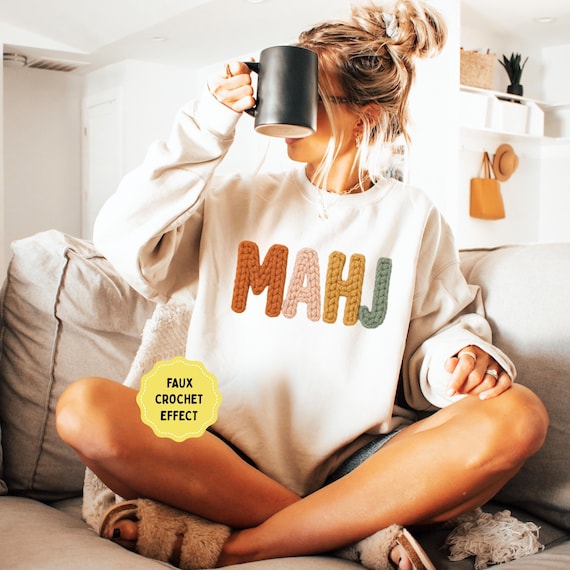 Mahjong Sweatshirt Faux Crochet Mahj Gift for Mahjong Lover Game Night Crewneck Mahj Jongg