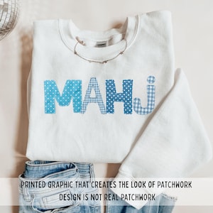 Felpa Mahjong con finto patchwork, maglione Mahjong, felpa Mahj, regalo per gli amanti del Mahjong, serata di gioco, girocollo, regali per giocatori di Mah Jongg, a quadretti