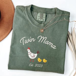 Twin Pregnancy Announcement Chicken Shirt Custom Est Twin Mom Spring Pregnancy Announcement Mother of Twins Gift Mothers Day Gift Twin Mama