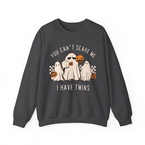 Halloween Twin Mom Sweatshirt Funny Ghost Shirt for Twin Mom Twin Pregnancy Reveal Sweater Baby Shower Gift for Twins Pregnancy Announcement Dark Heather