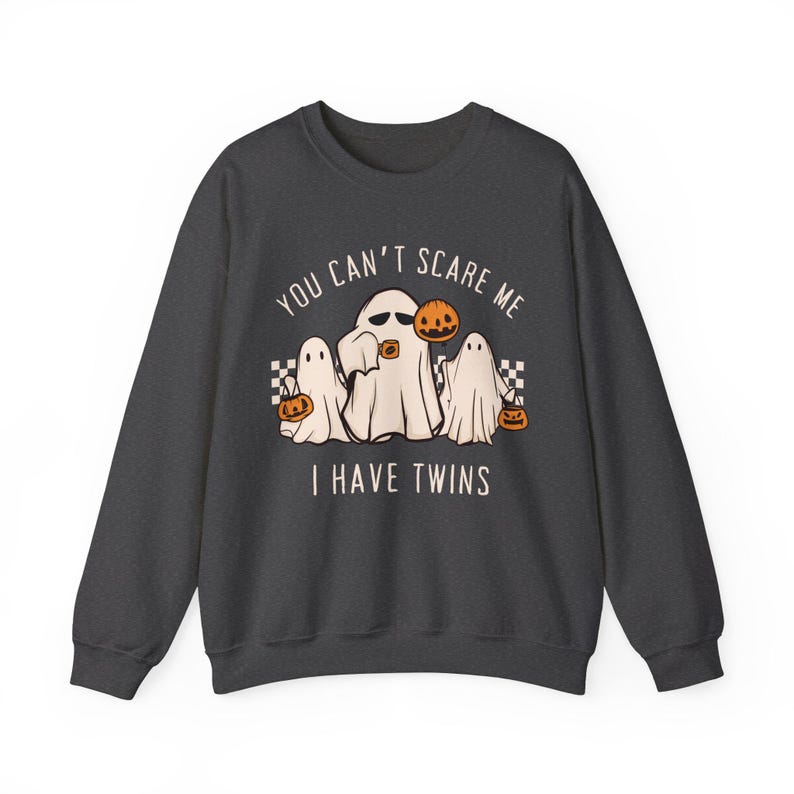 Halloween Twin Mom Sweatshirt Funny Ghost Shirt for Twin Mom Twin Pregnancy Reveal Sweater Baby Shower Gift for Twins Pregnancy Announcement Dark Heather