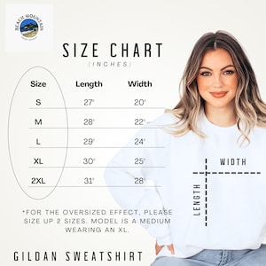 May include: White Gildan sweatshirt with a size chart in inches. The chart shows measurements for sizes S to 2XL, with lengths from 27" to 31" and widths from 20" to 28". The text advises sizing up for an oversized fit. The Beach Mountain Print Studio logo is at the top.