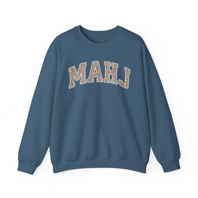 Mahjong Sweatshirt Floral Mahj Sweater Mahjong Lover Gift Game Night Crewneck Mah Jongg Player Shirt Mahjong Club Tournament Merch Apparel Indigo Blue