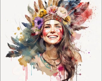 The Apache Beauty: A Digital Painting of a Smiling Warrior Girl with a Multi-Colored Bandana