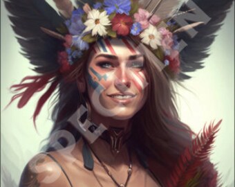 American Apache Grace: A Digital Painting of a Smiling Warrior Girl with Flowers
