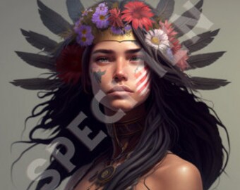 The Vibrant Apache: A Digital Painting of a grace Warrior Girl with Feathers and a golden Bandana